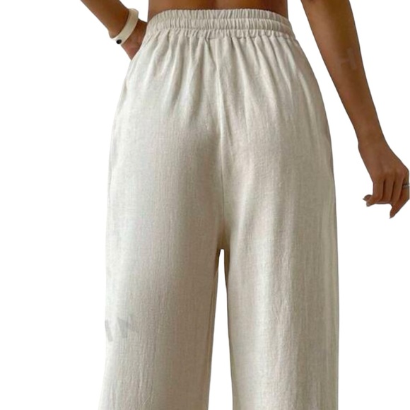 Women’s Generic linen 2 piece sets V Neck wide leg pants color cream Medium - Picture 5 of 9